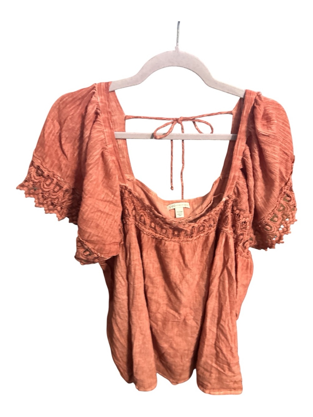 Cato Pink peach Ribbed Top with Crochet Detail ties in back off shoulder 22/24
